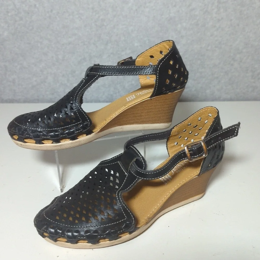 Womens Black Woven T-Strap Wedge Leather Sandals Casual Comfort Shoes Meian Sz 8